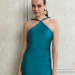 RICH TEAL MINI SATIN DRESS WITH BEADS