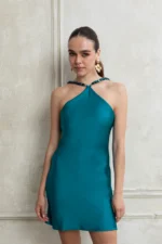 RICH TEAL MINI SATIN DRESS WITH BEADS