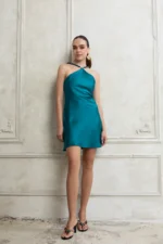 RICH TEAL MINI SATIN DRESS WITH BEADS - Image 2