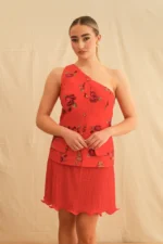 Red Rose One Shoulder Mini Dress - Image 2