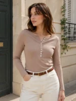 Buttoned Pointelle Cotton T-Shirt - Image 8