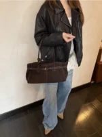 Suede Leather Belt Buckled Shoulder Bag - Image 5