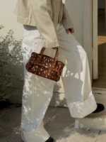 Ruched Leather Brown Speckles Shoulder Bag With Belt - Image 5
