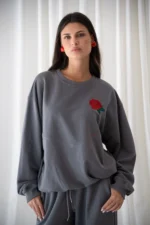 Red Rose Grey Oversized Sweatshirt