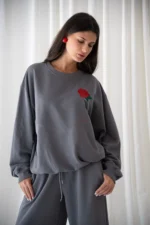 Red Rose Grey Oversized Sweatshirt - Image 2